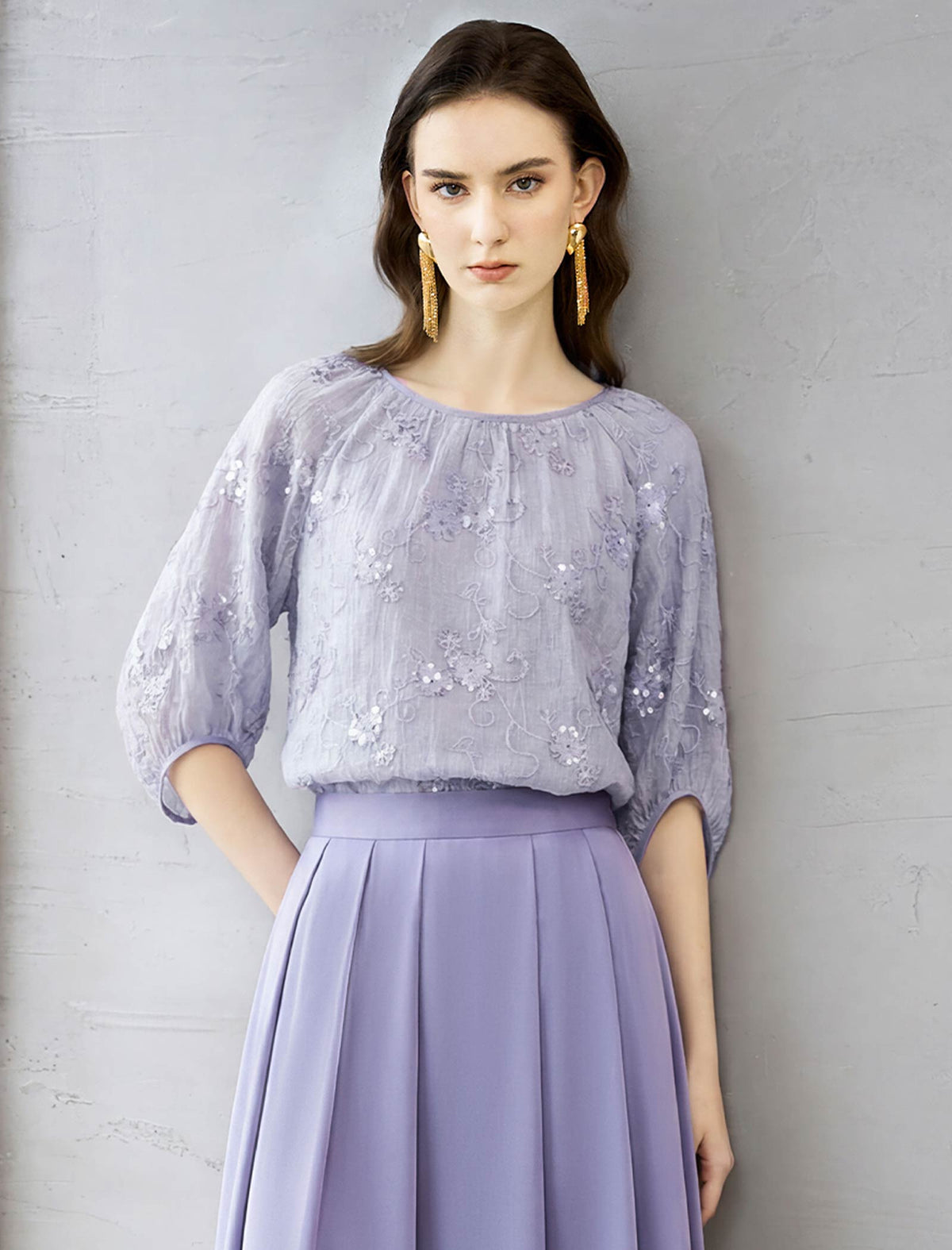 Lavender Floral Embroidery Puff Sleeve Sheer Blouse