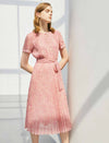 Elegant Short Sleeve Floral Chiffon Pleated Midi Dress