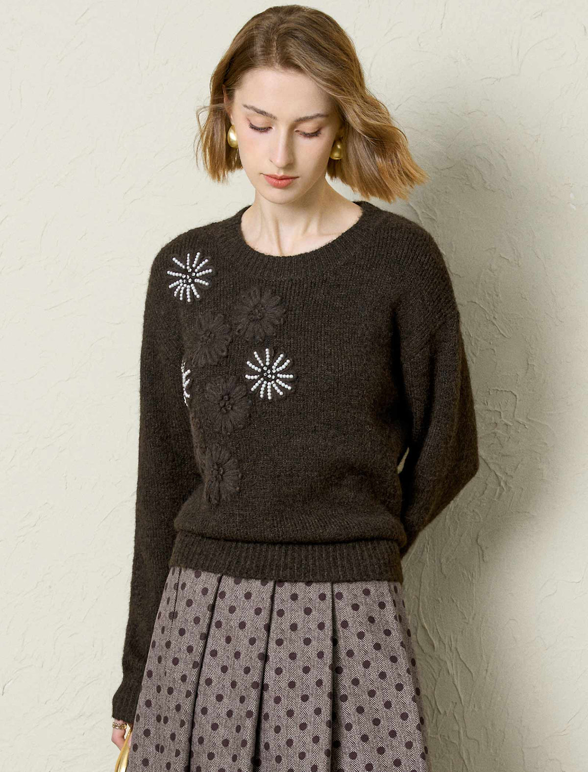 Firework Beading Flower Knit Wool-Blend Sweater