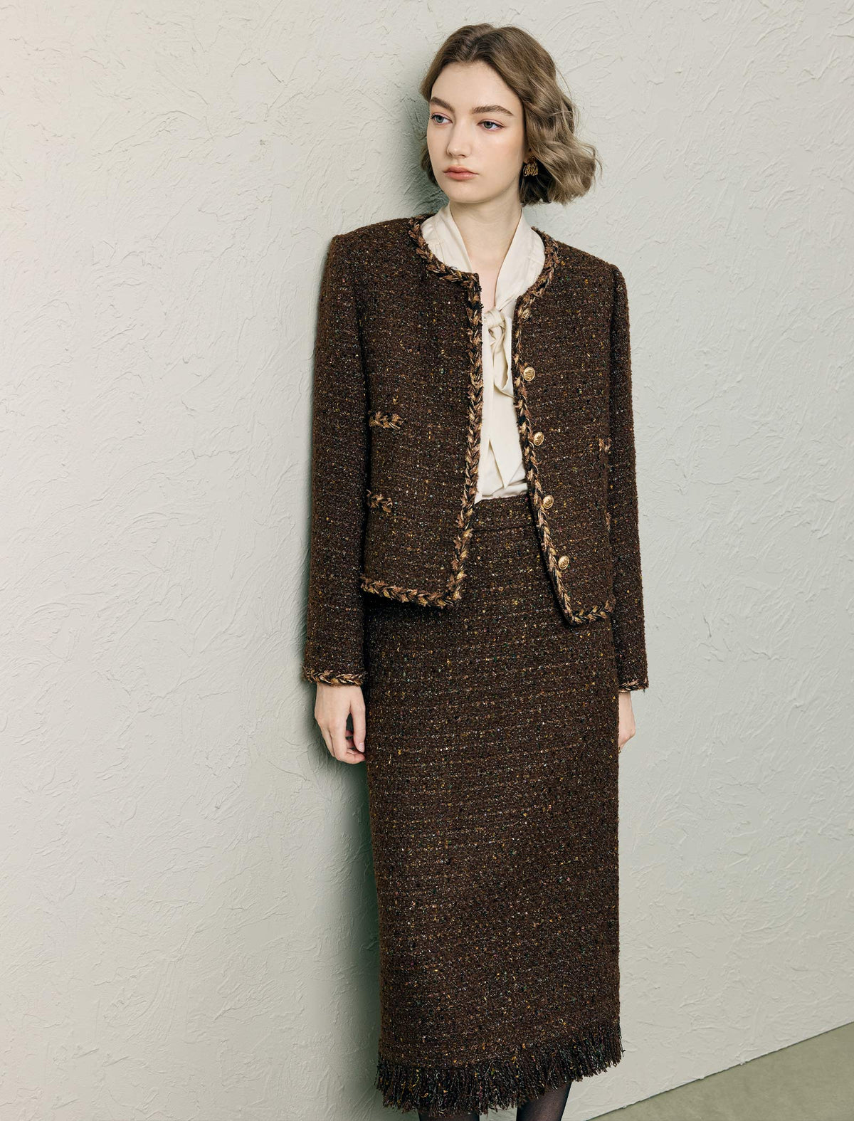 Wool Blend Shimmer Crewneck Button-Front Cropped Jacket
