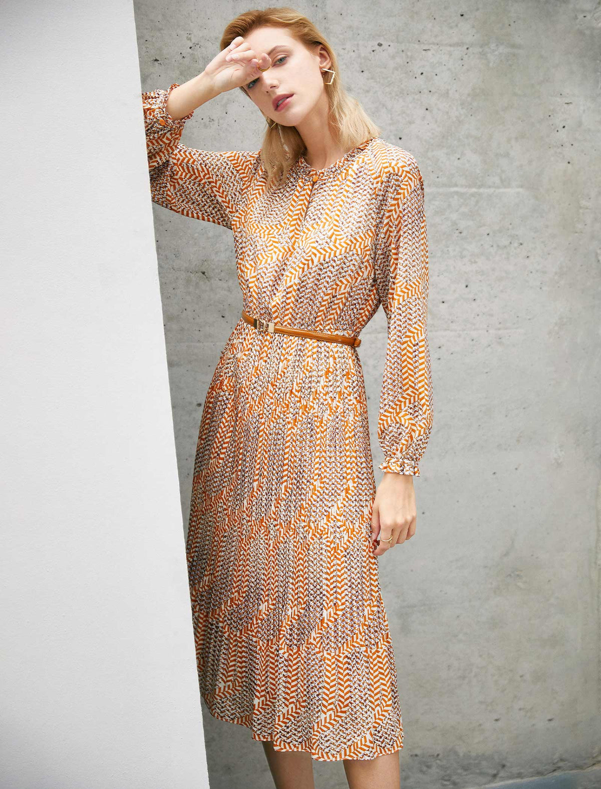 Warm Orange Architectural Light And Shadow Printed Dress