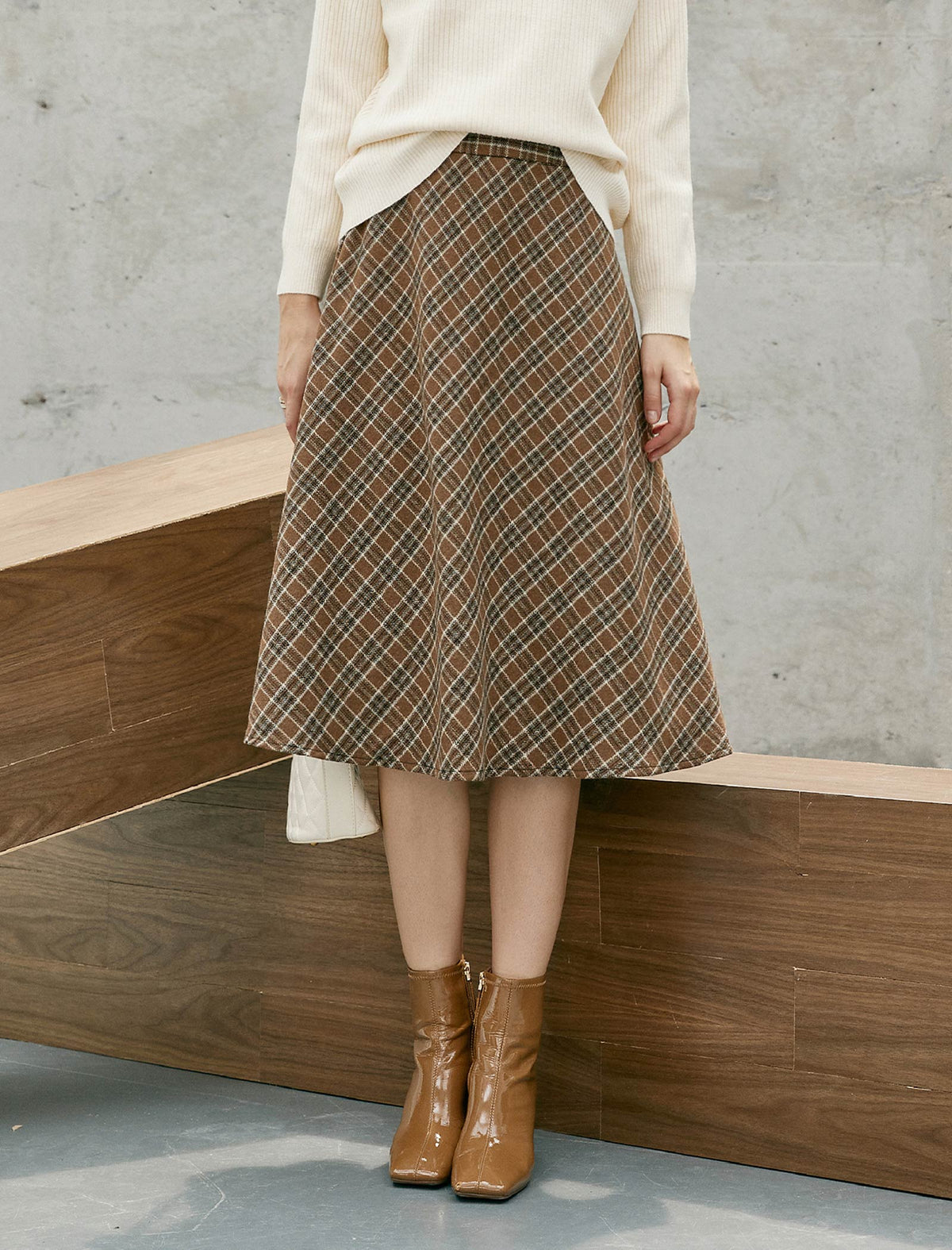 Wool Blend Plaid Relaxed A-Line Skirt
