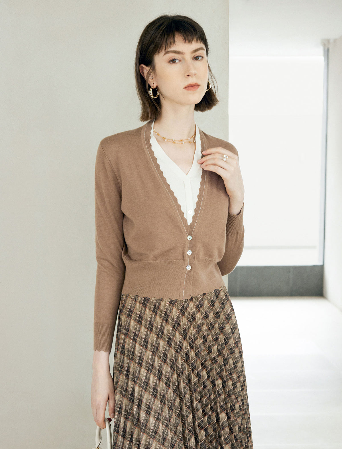 Wool Blend Scallop Trim Layered V-Neck Cardigan