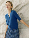 Blue Ribbed Knit Elbow-Sleeve Cardigan