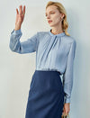 Light Blue Pleated Mock-Neck Blouse