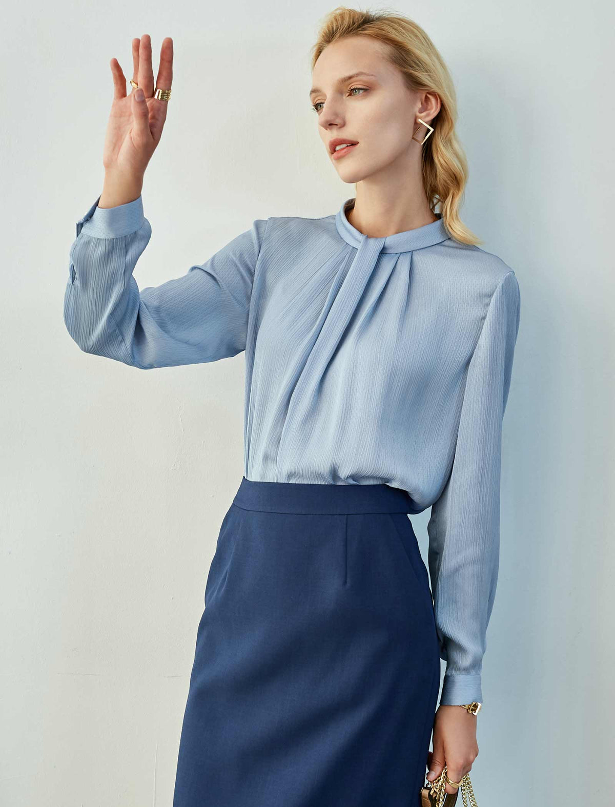 Light Blue Pleated Mock-Neck Blouse