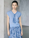 Light Blue Floral Print Neck Tie Cap Sleeve Knit Top