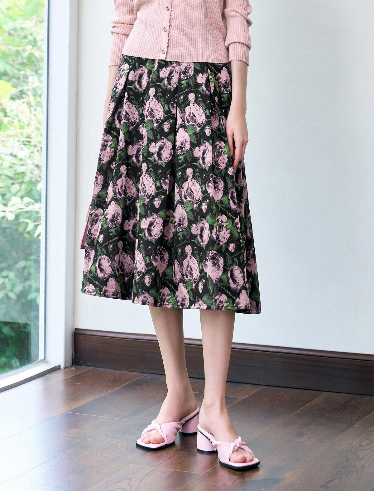 Vintage Rose Print Flare Midi Skirt