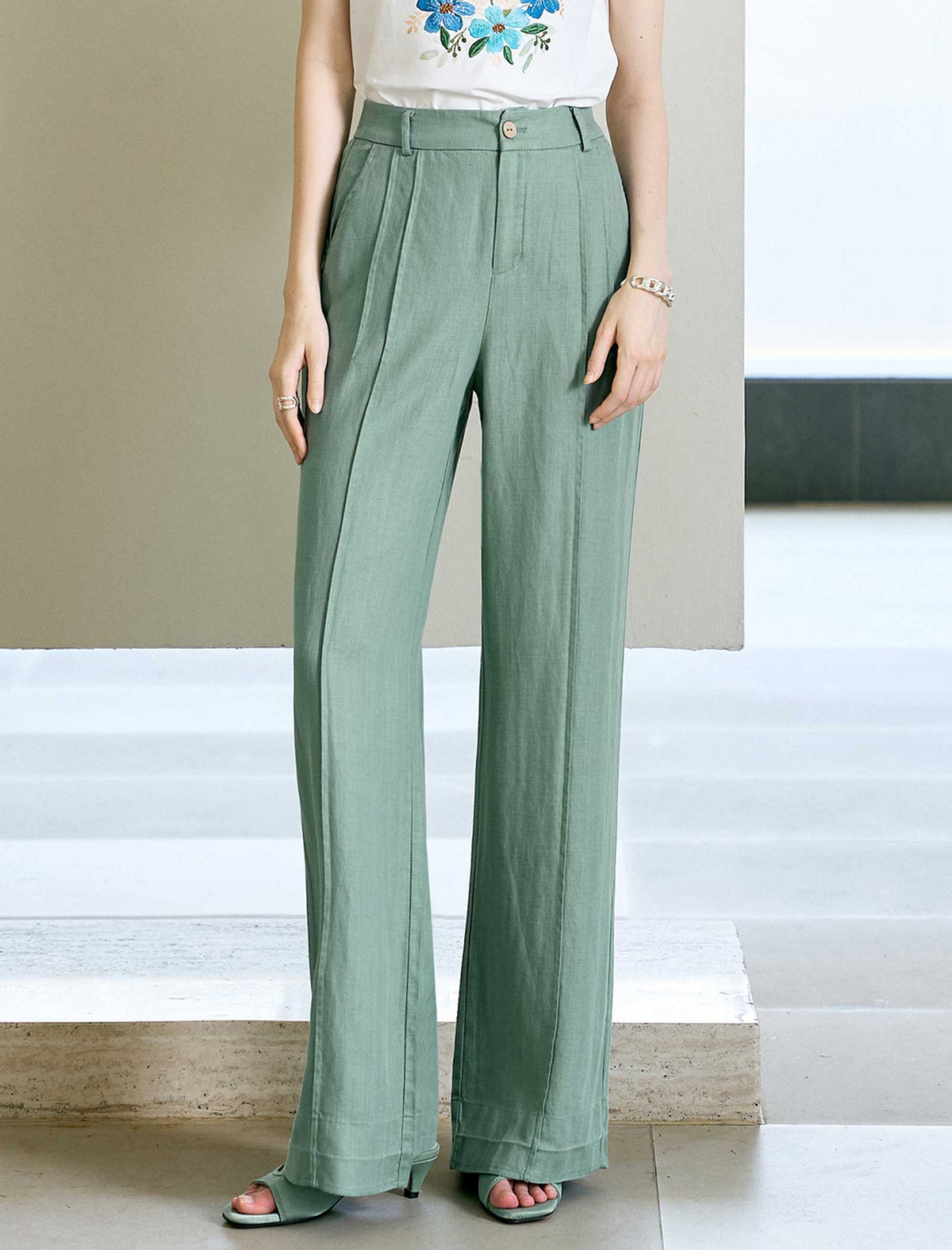 Sage Green Linen Blend High Waist Wide Leg Pants