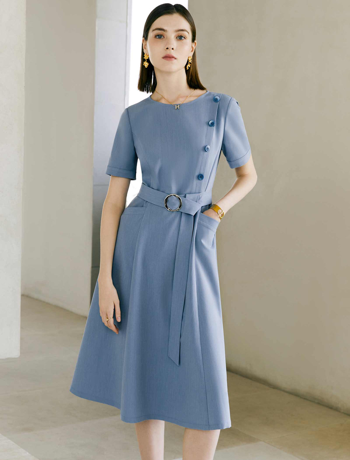 Solid Crew Neck Waist-Cinched Button Dress
