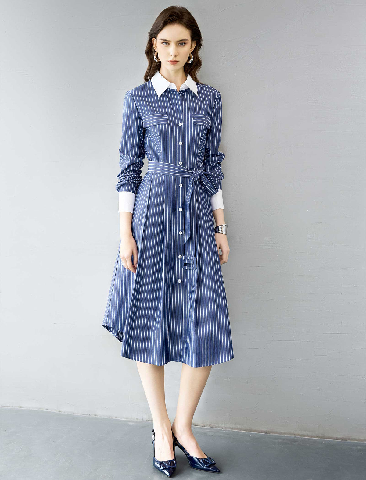 Striped Shirt Cotton Midi Dress