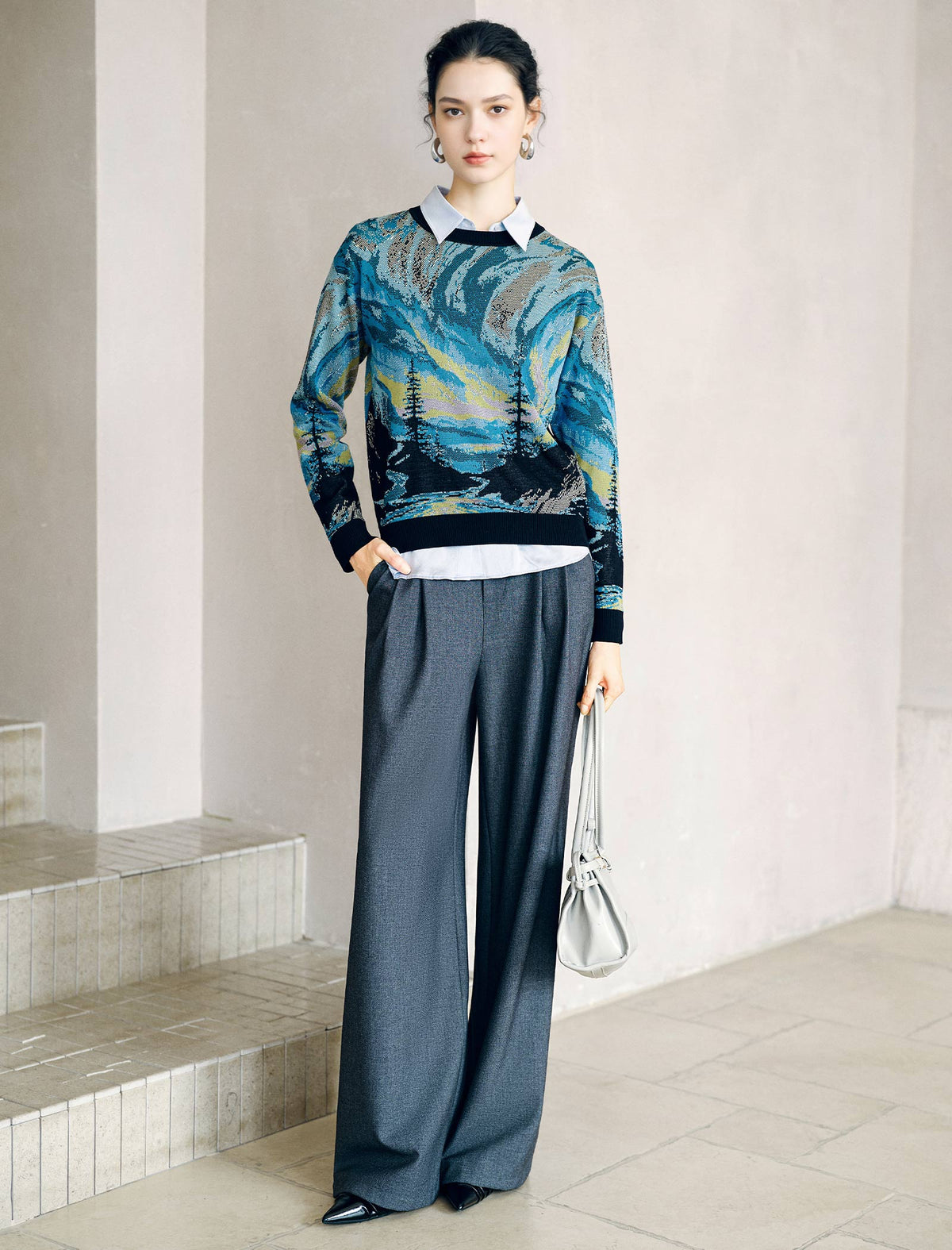 Vintage Landscape Jacquard Crew Neck Knit Top