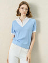 Contrast‑Trim Polo Rib‑Knit Short‑Sleeve Top