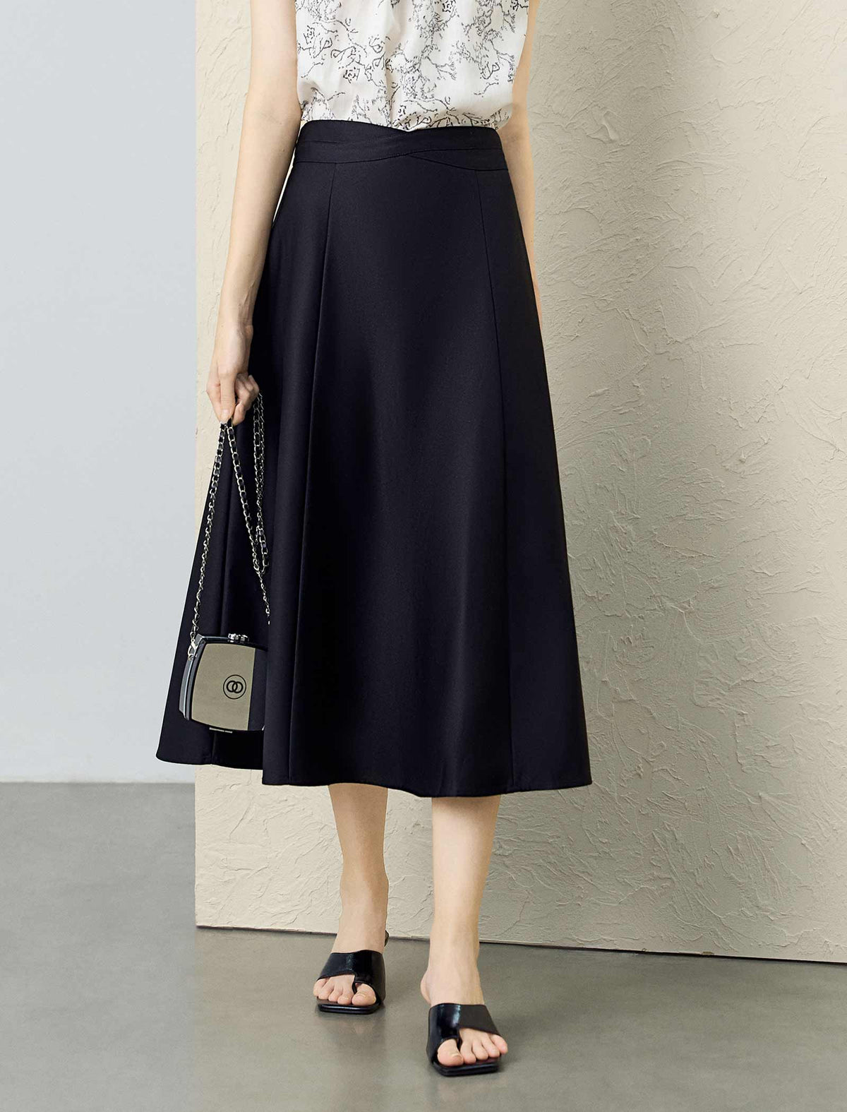 Black High-Waisted A-Line Midi Skirt