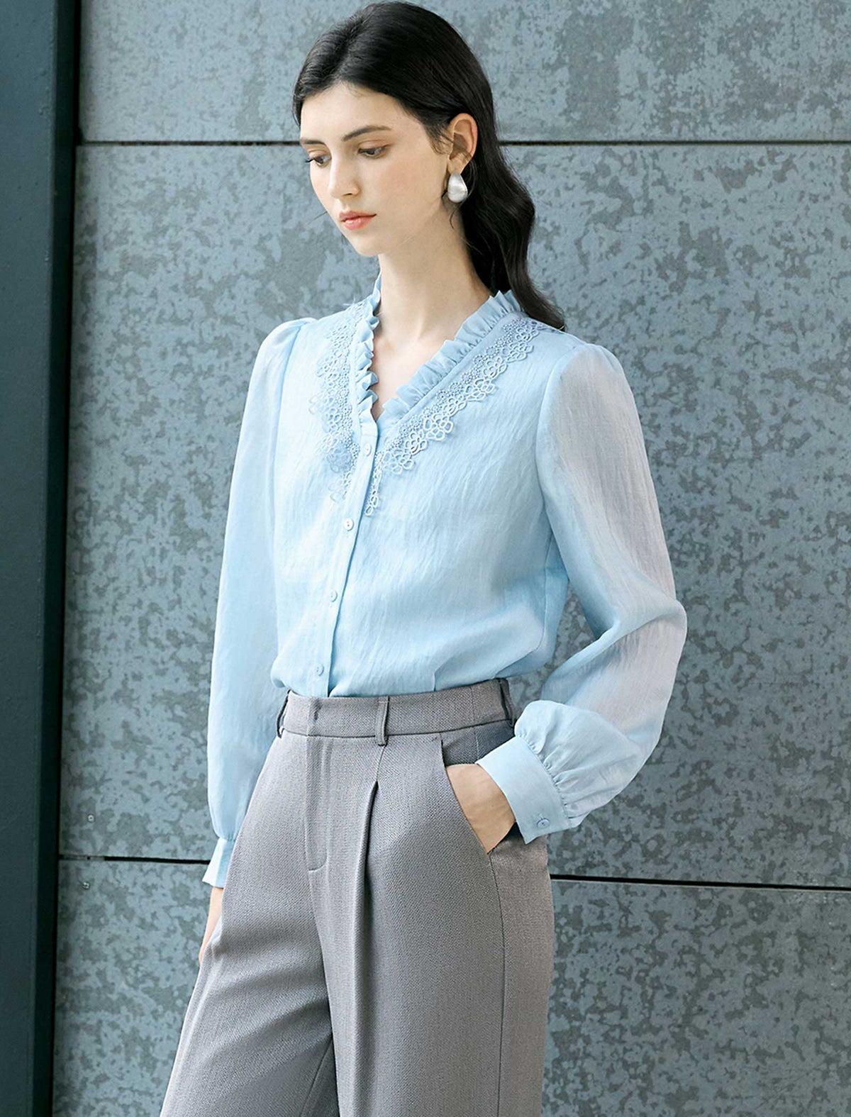 Lace Ruffle V‑Neck Long Sleeve Blouse