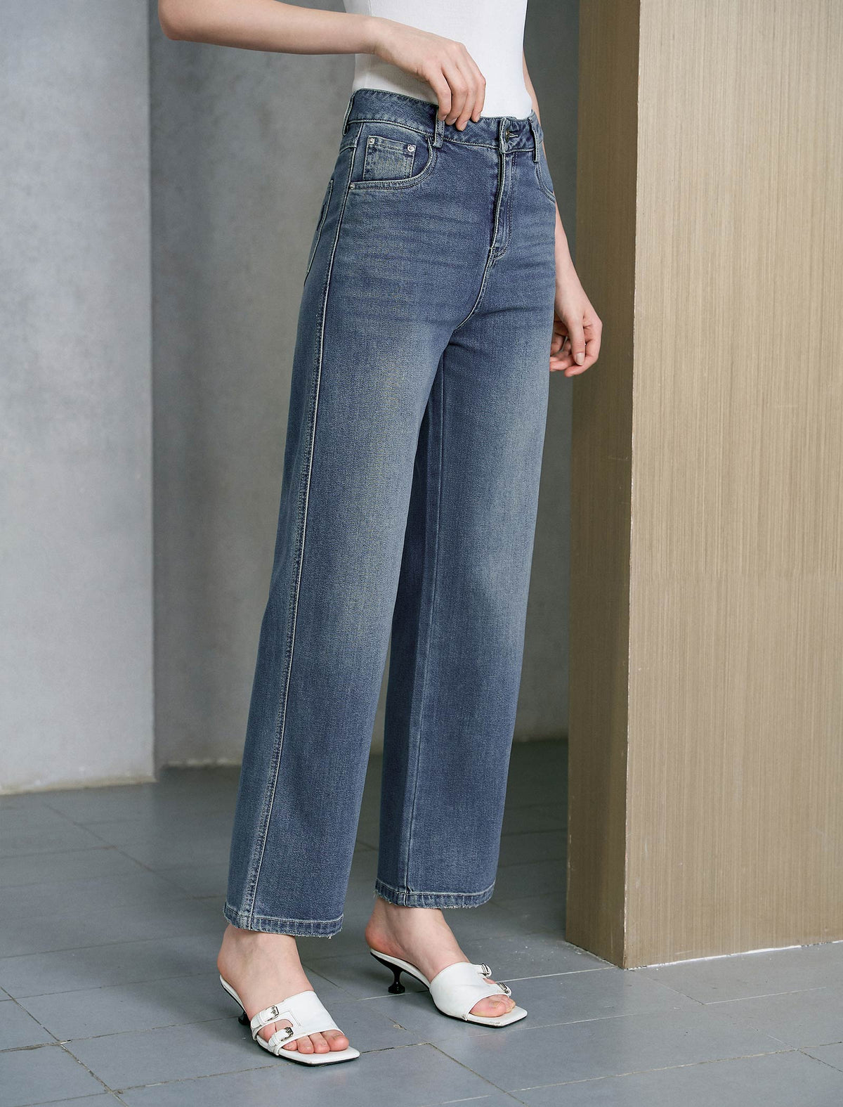 High Waist Stretch Straight Leg Ankle Length Jeans