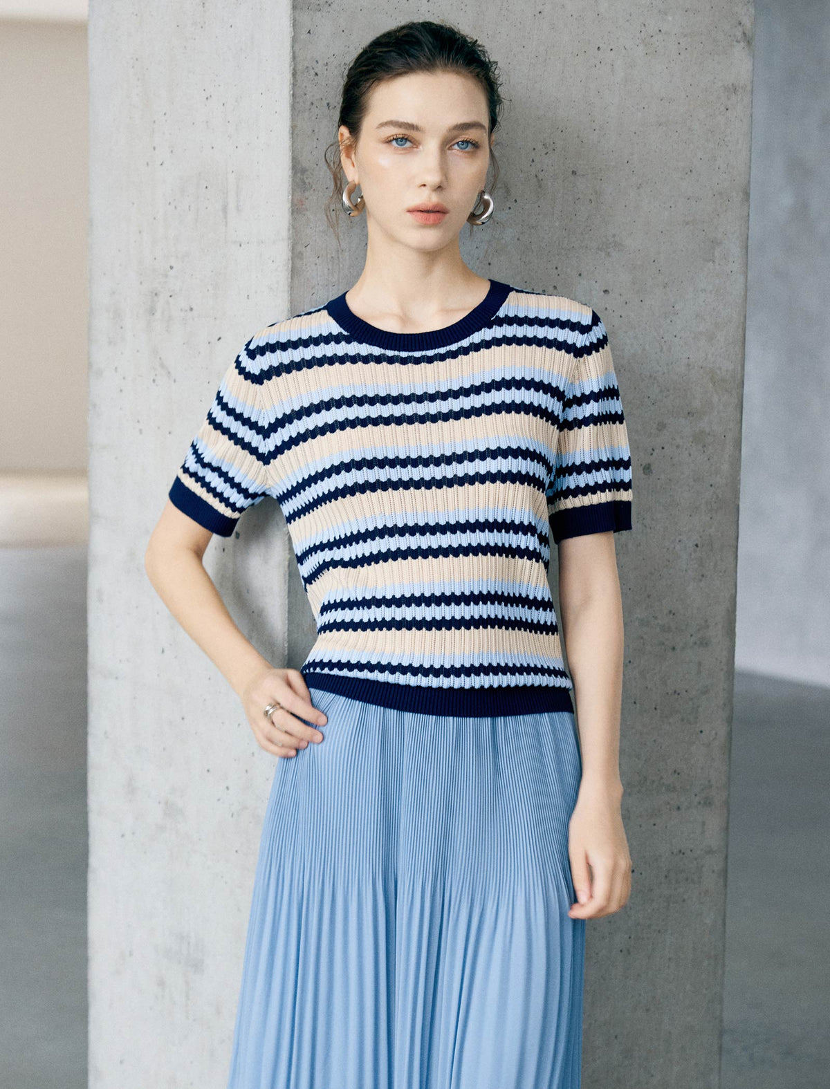 Tencel Striped Short-Sleeve Knit Top