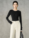 Wool Blend Contrast Trim Crewneck Fitted Long Sleeve Top