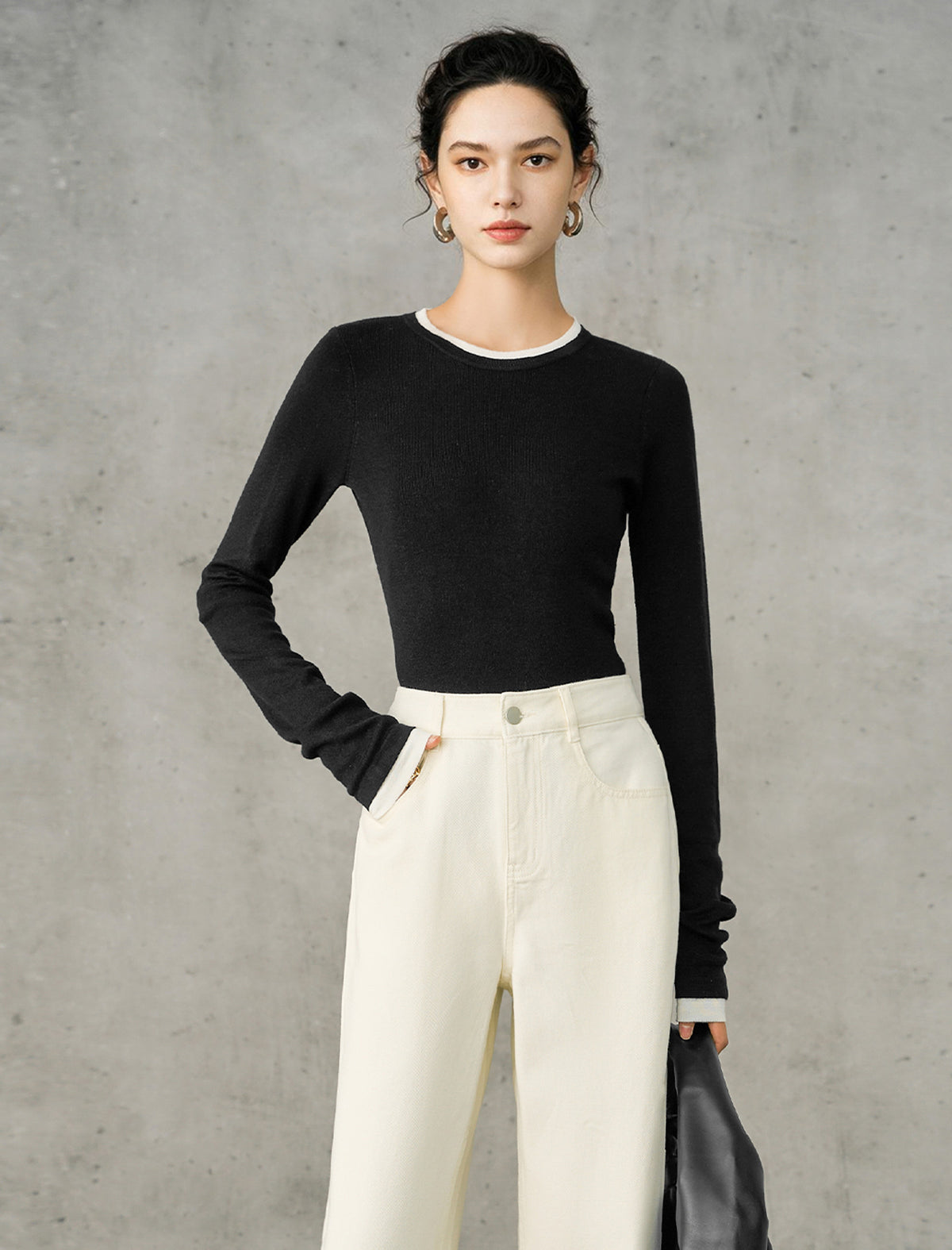Wool Blend Contrast Trim Crewneck Fitted Long Sleeve Top