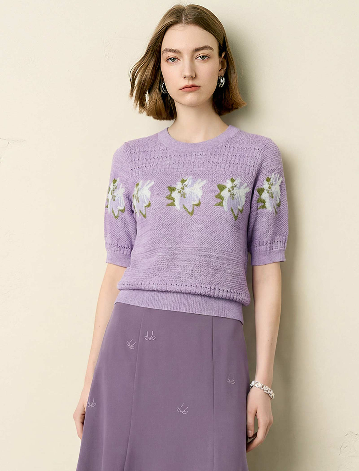 Lavender Floral Intarsia Short Sleeve Knit Top