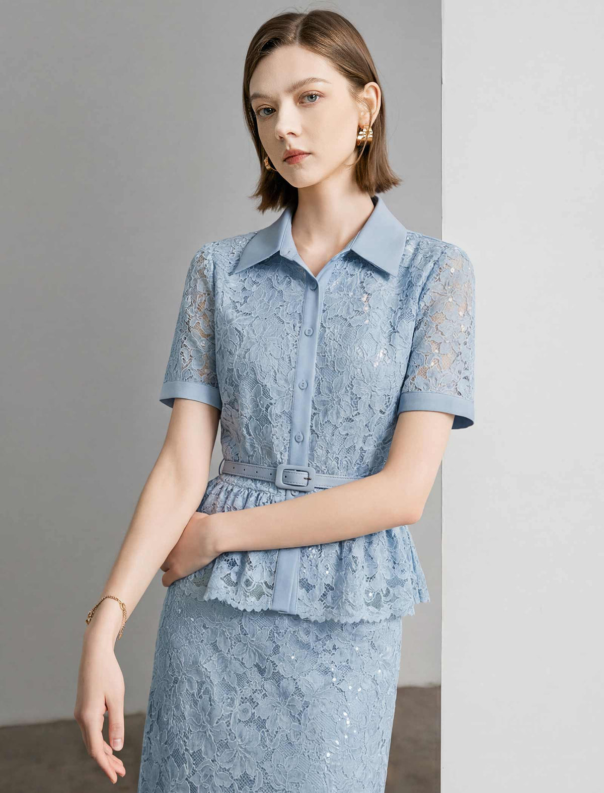 Light Blue Lace Peplum Button-Down Blouse