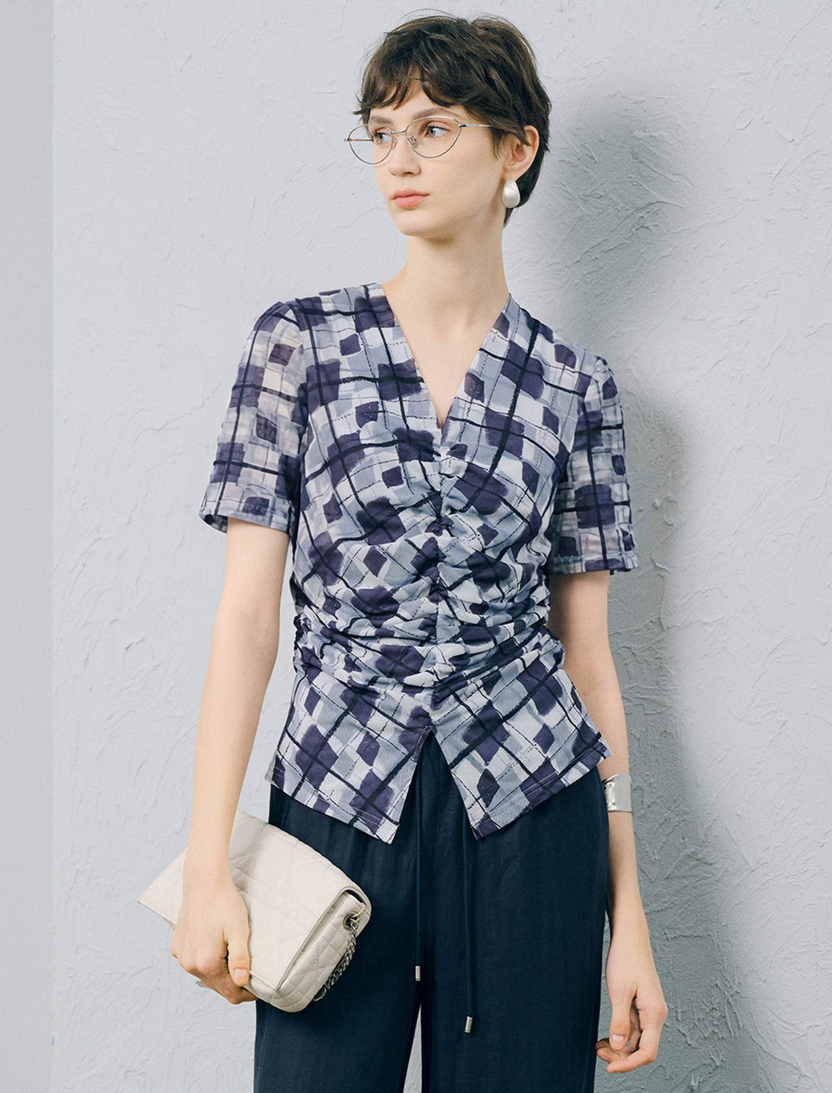 Blue Checked Ruched Front Top