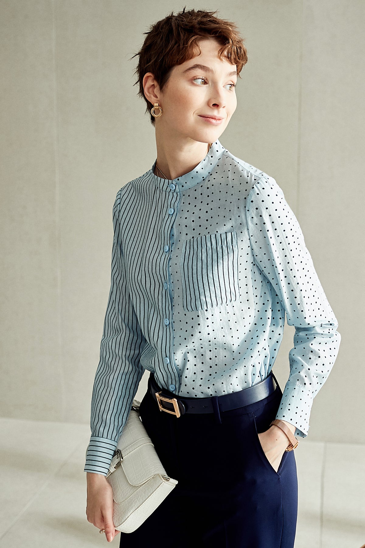 Mixed Pattern Button Down Blouse