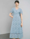 Blue Floral Lace V-Neck Midi Dress
