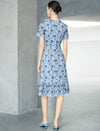 Blue Floral Lace Ruffle Hem Short Sleeve Midi Dress