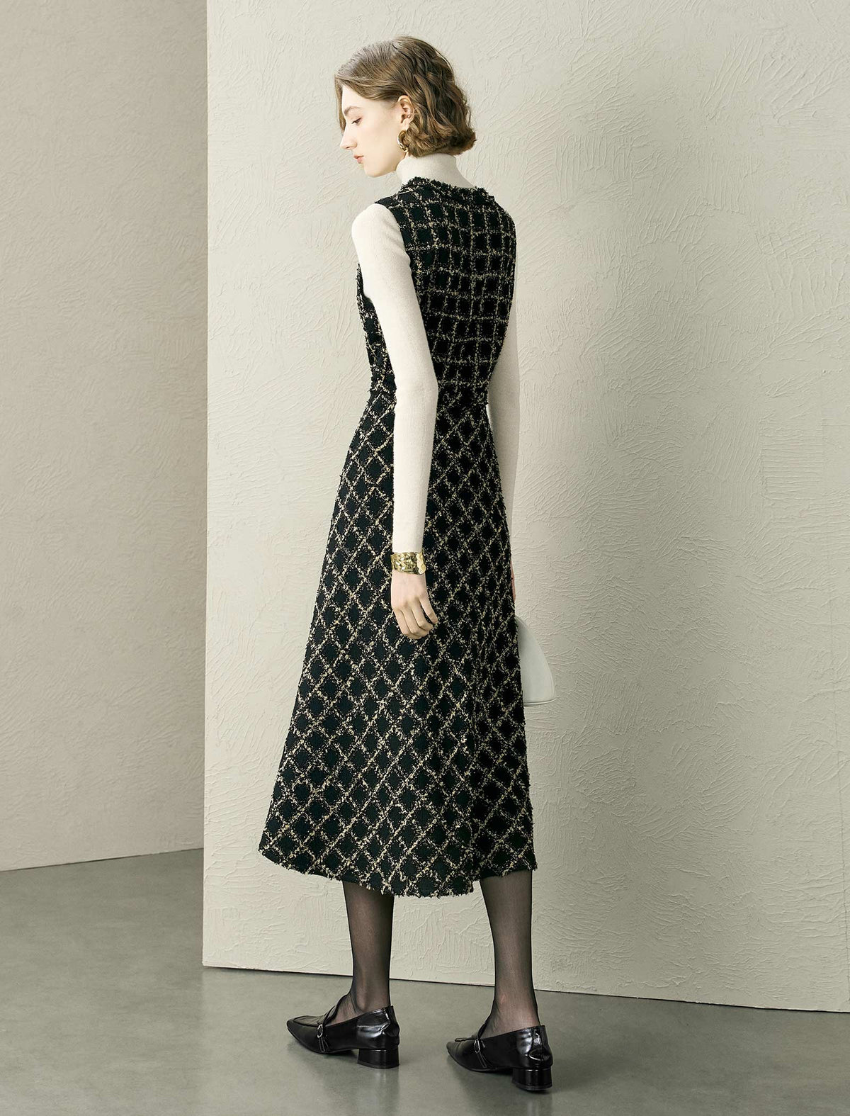 Tweed Check A-Line Sleeveless Midi Dress