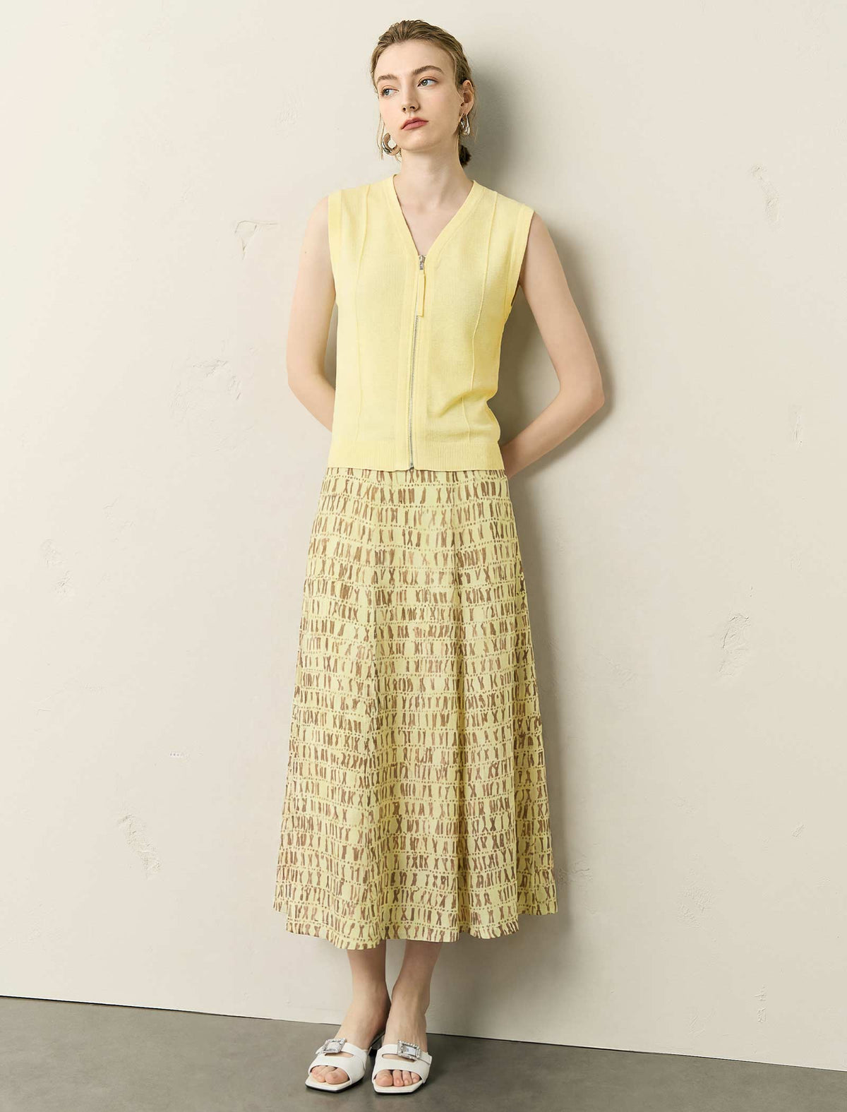 Butter Yellow Printed A-Line Midi Skirt