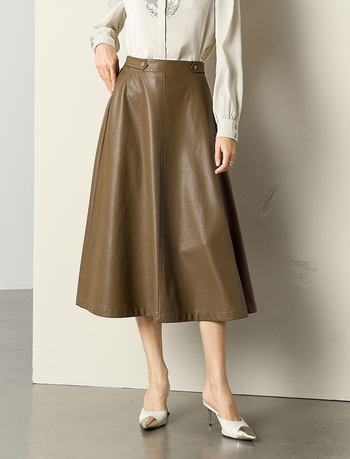 A-Line PU Leather Midi Skirt
