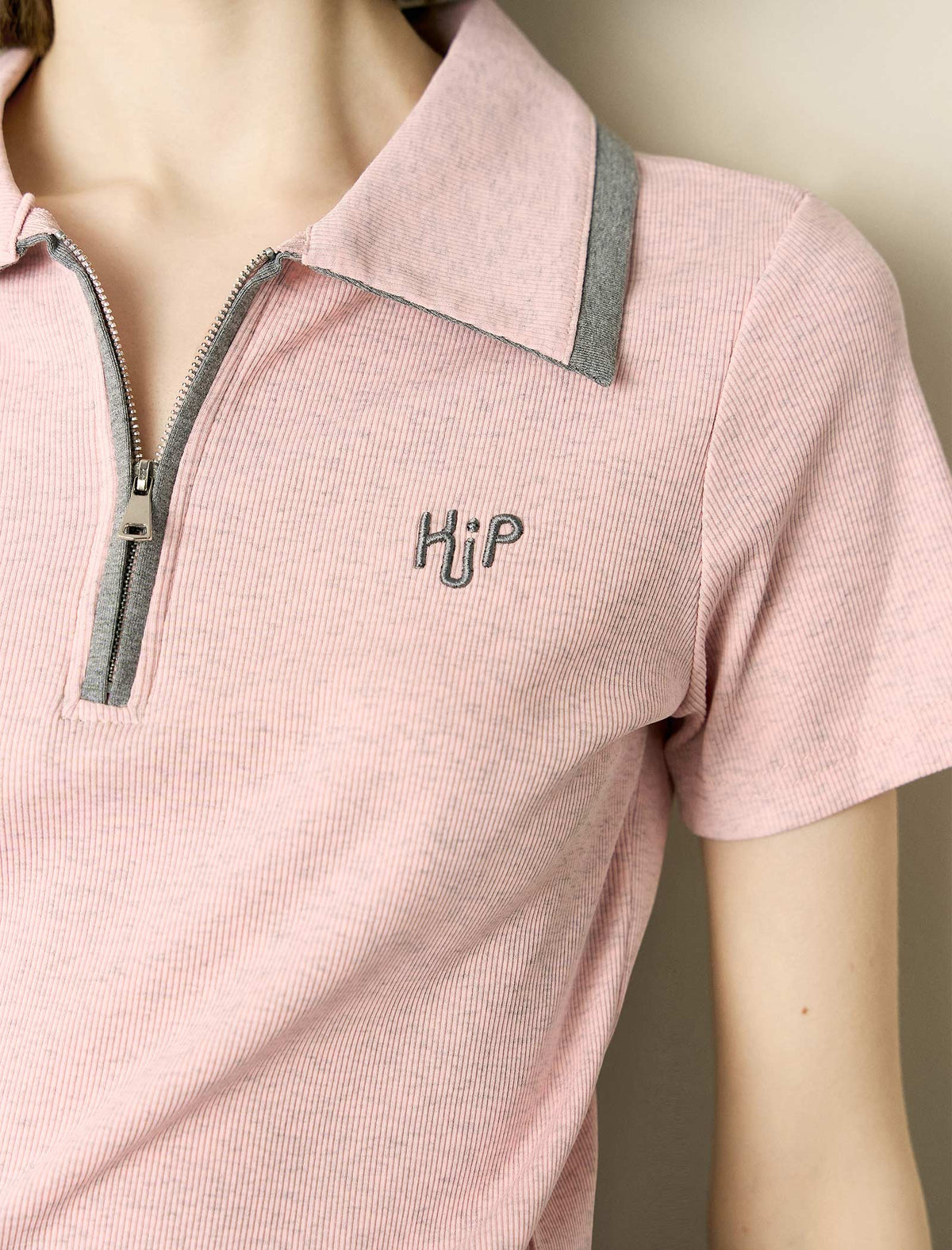 Pink Ribbed Half-Zip Polo Knit Top