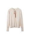 Wool Blend Tie‑Neck Ruffled Trim Lantern Sleeve Knit Top