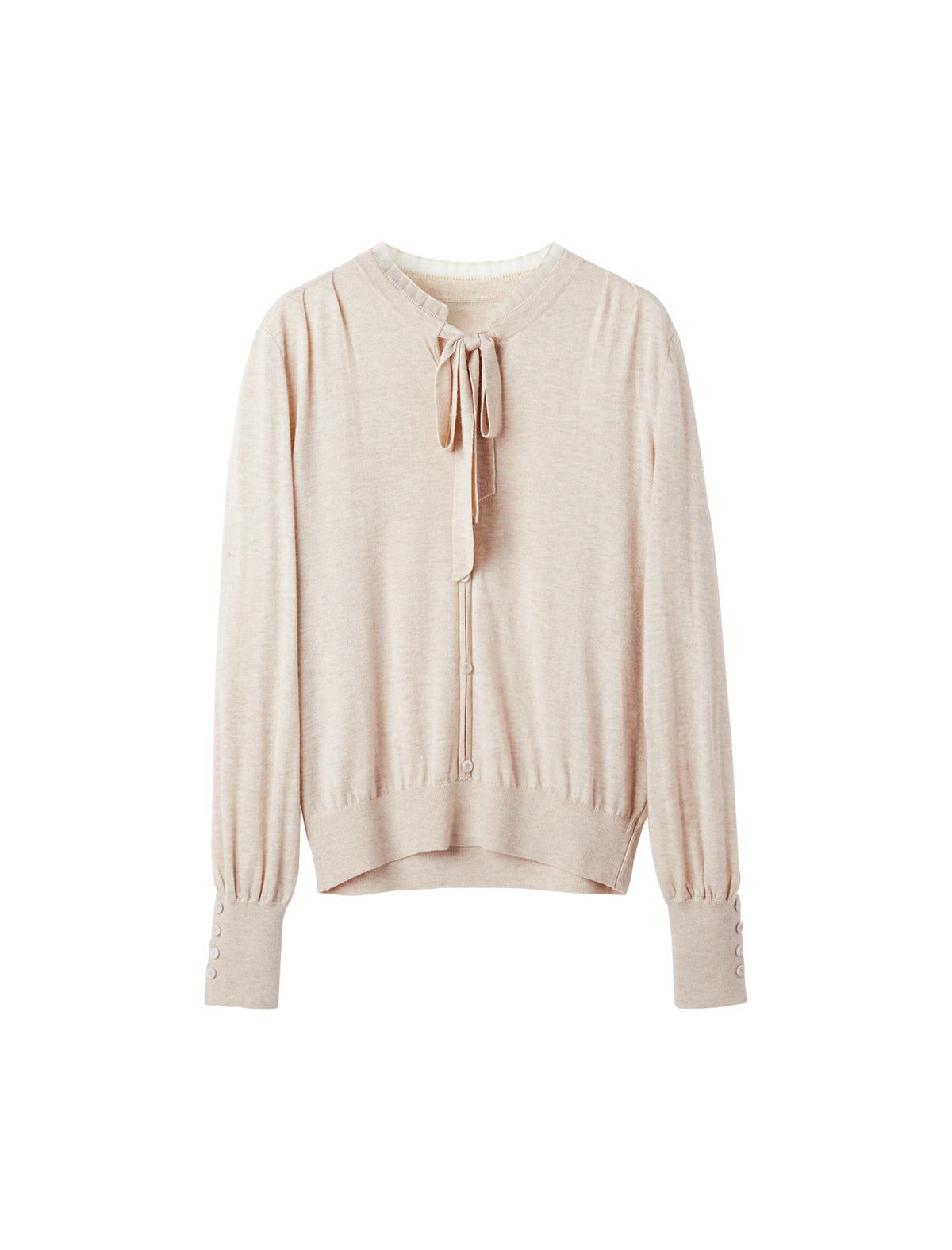 Wool Blend Tie‑Neck Ruffled Trim Lantern Sleeve Knit Top