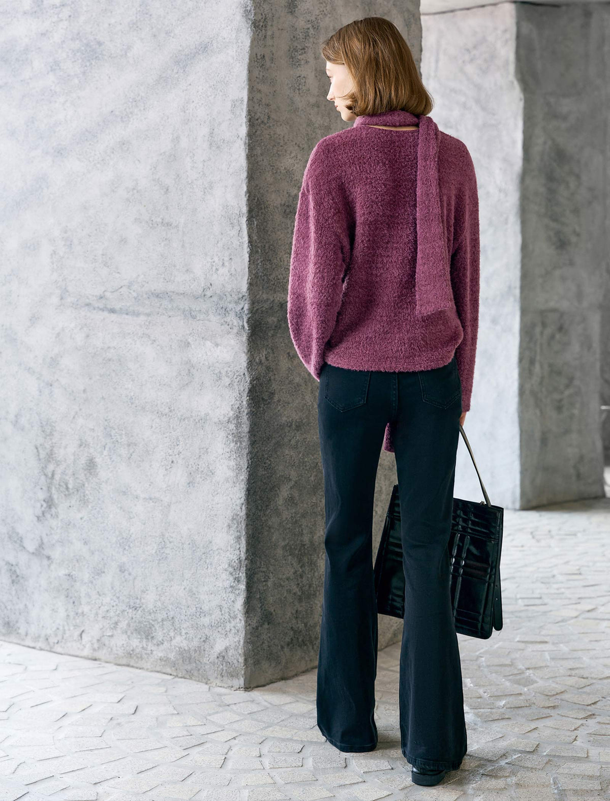 Detachable Scarf-Neck Fuzzy Knit Sweater