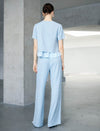 Light Blue Ruffle-Hem Short Sleeve Blouse
