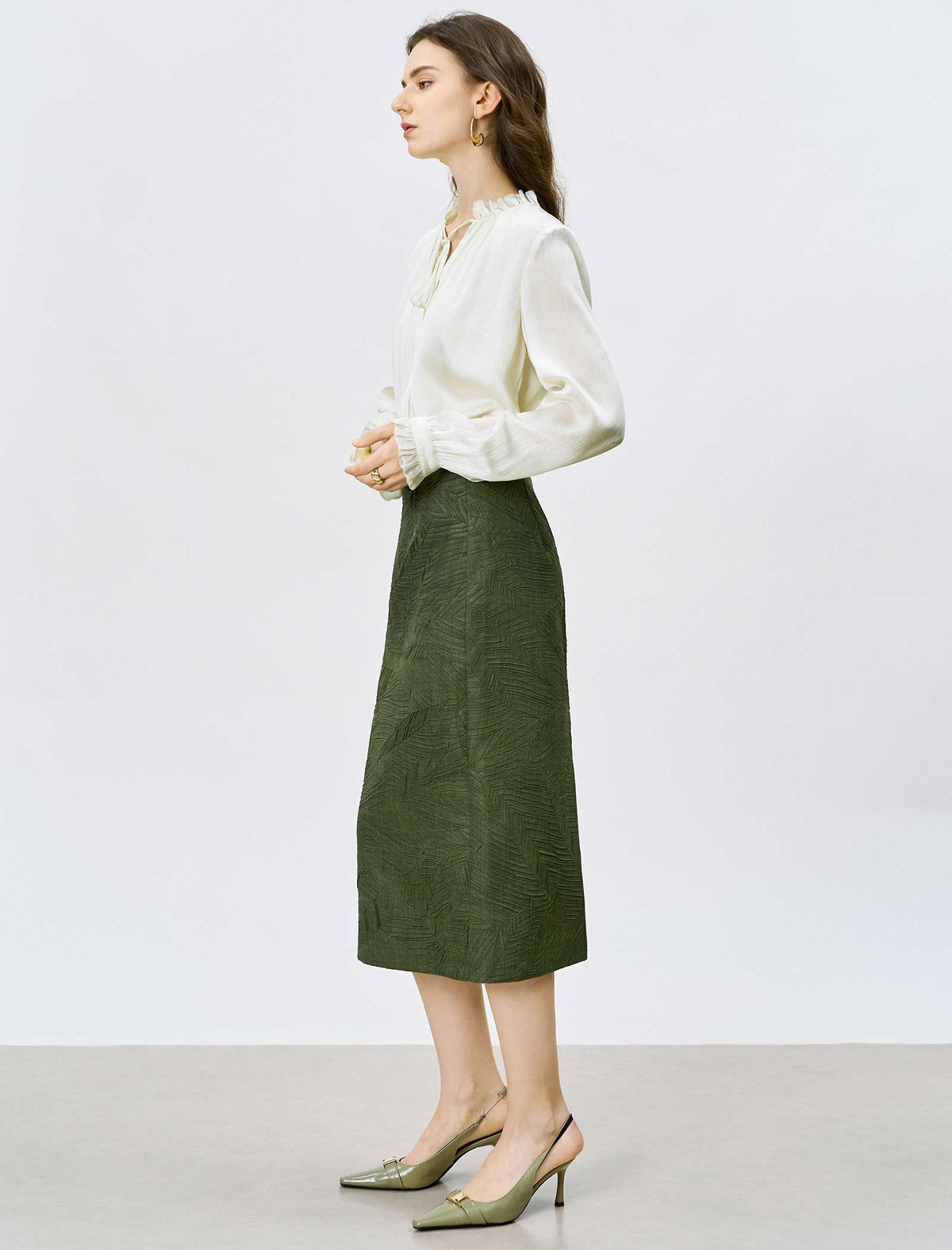 Dark Green Textured Midi Pencil Skirt
