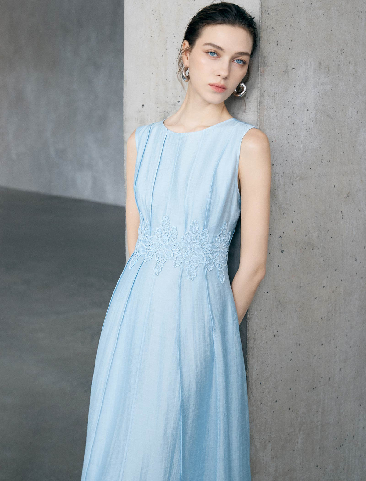 Tencel Sleeveless Lace-Waist Midi Dress