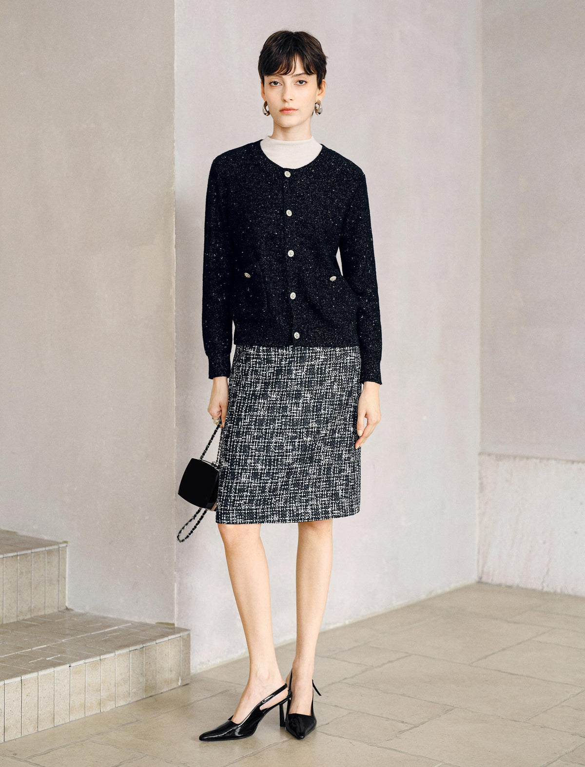 Sparkle Tweed Wool Blend Straight H-Line Skirt