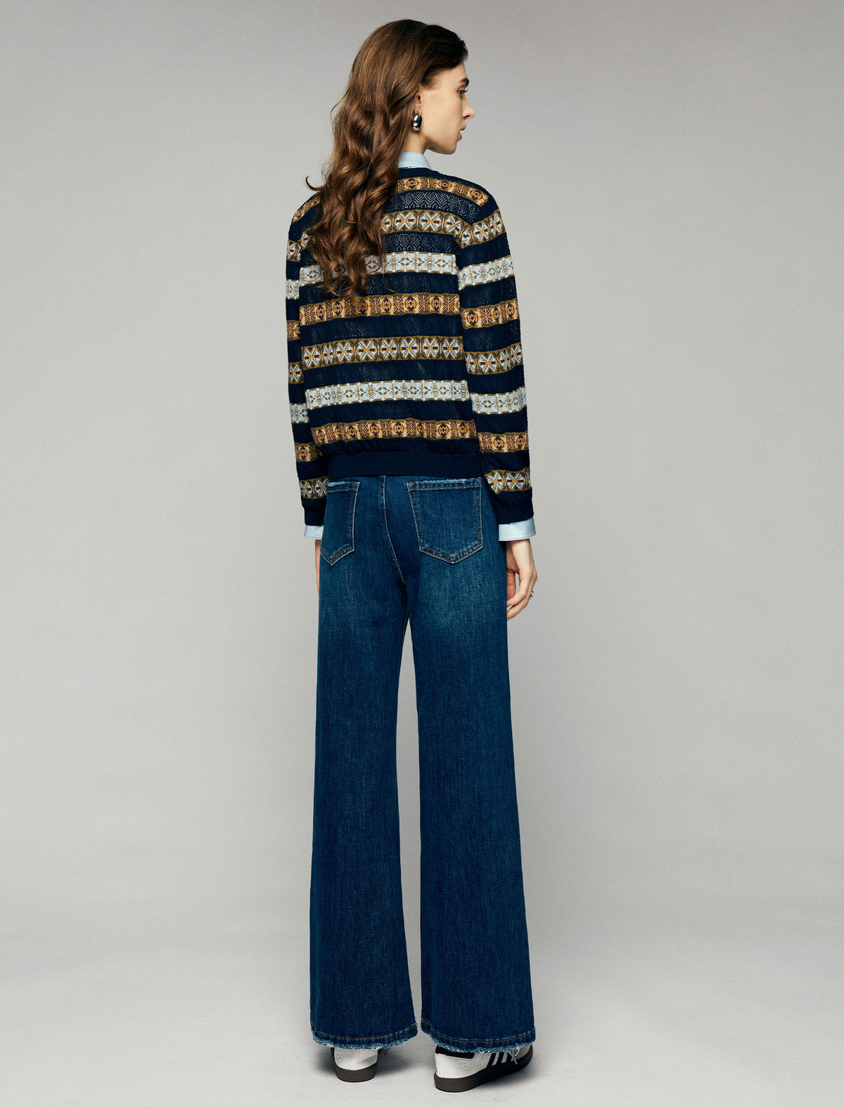 Wool Blend Geometric Stripe Crewneck Sweater