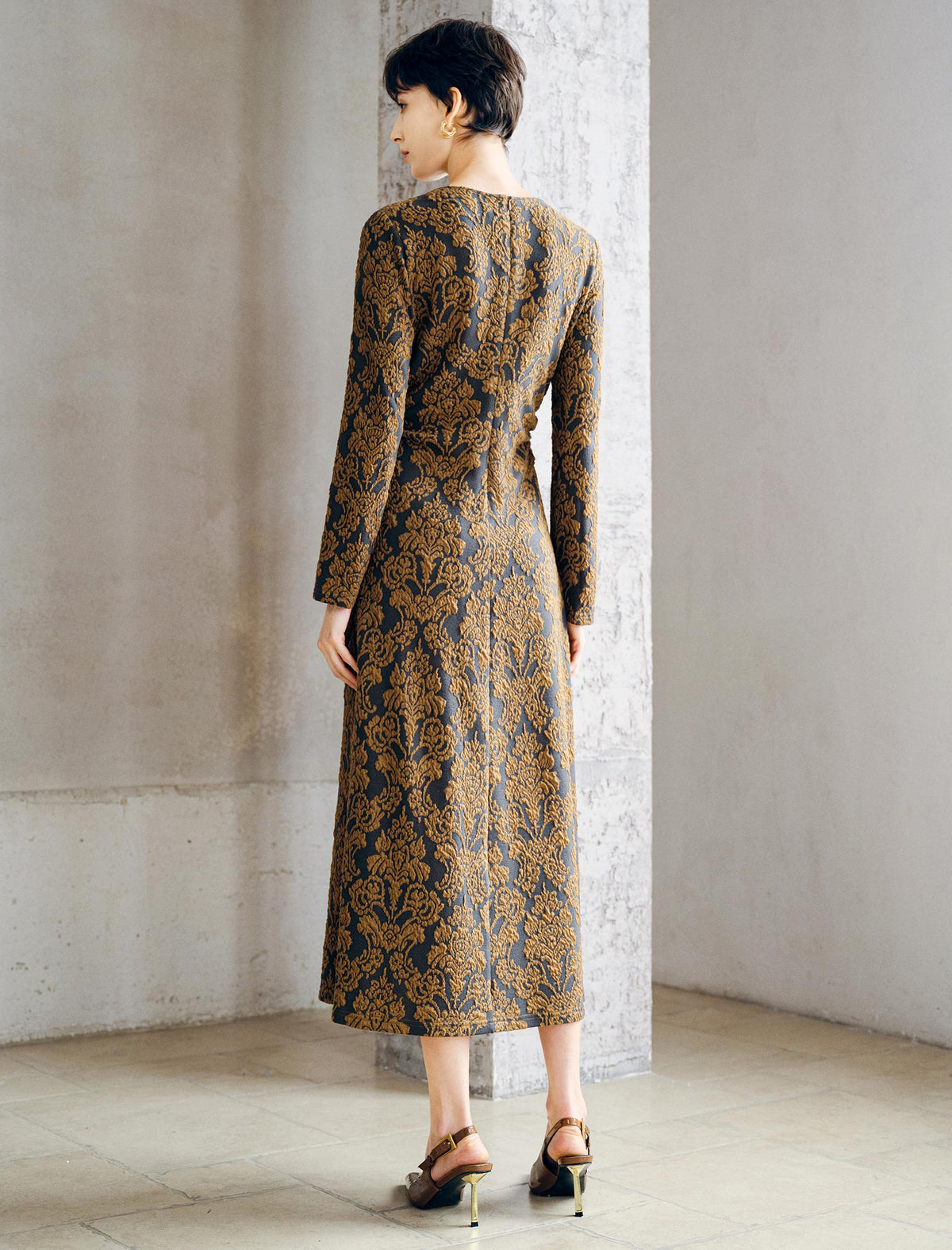 Pearl Beaded Crewneck Side Gathering Baroque Floral Knit Dress