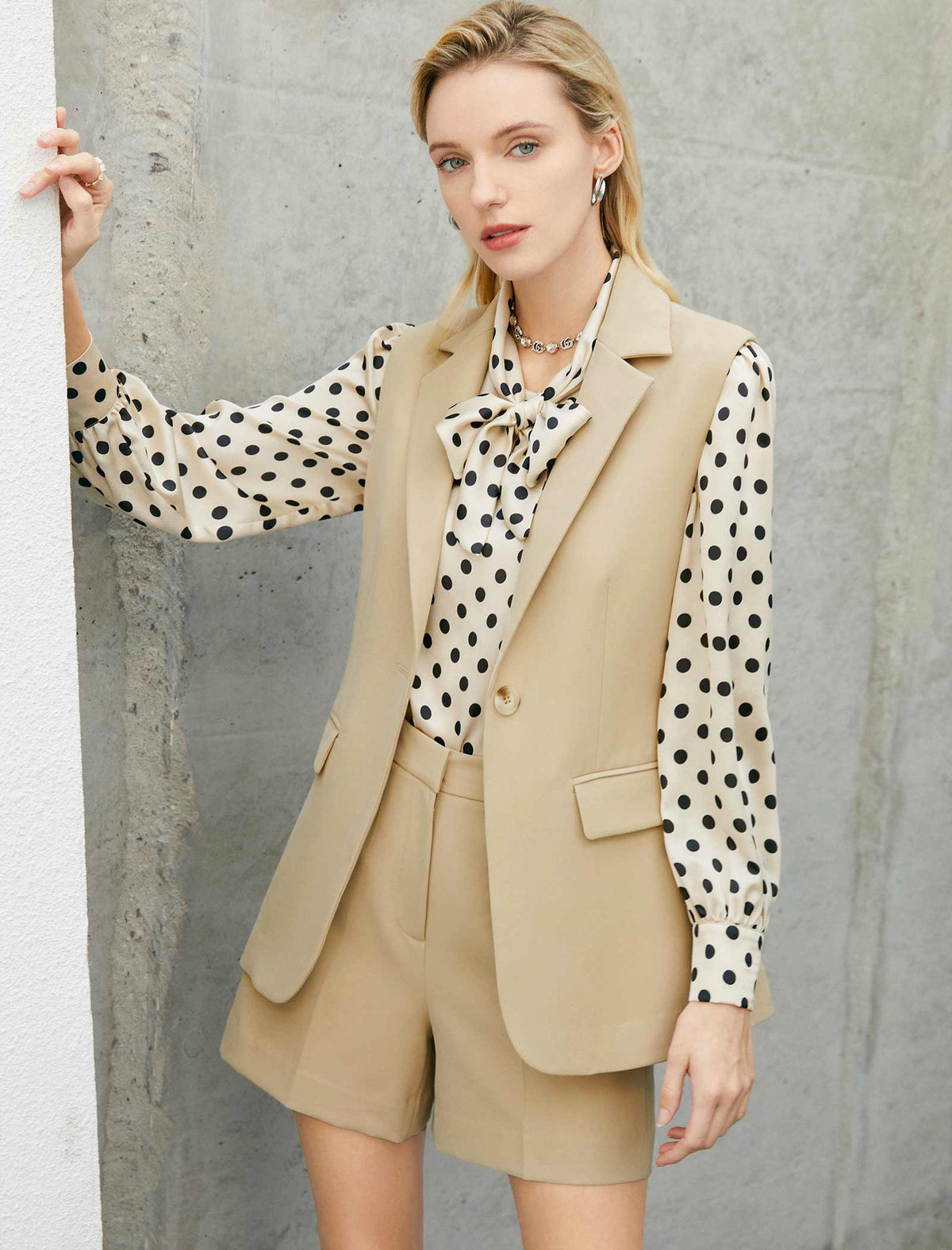 Cream Black Polka Dot Bow Blouse