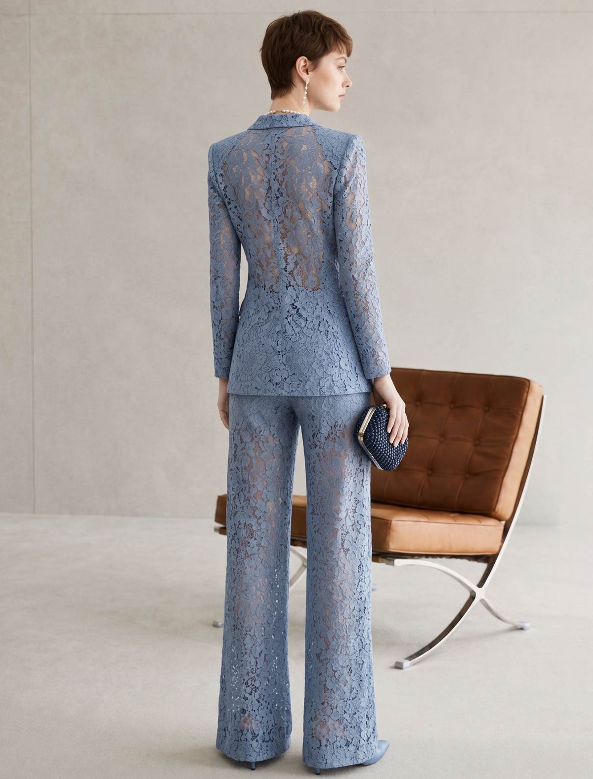 Dusty Blue Lace Wide-Leg Pants