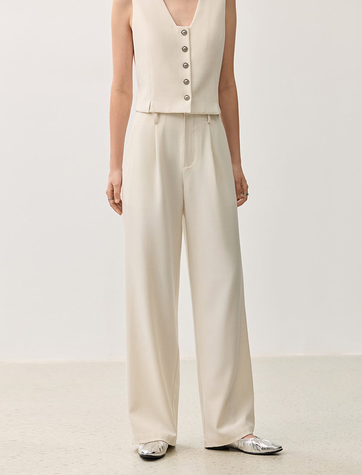 Linen Blend Wide-Leg Tailored Pants