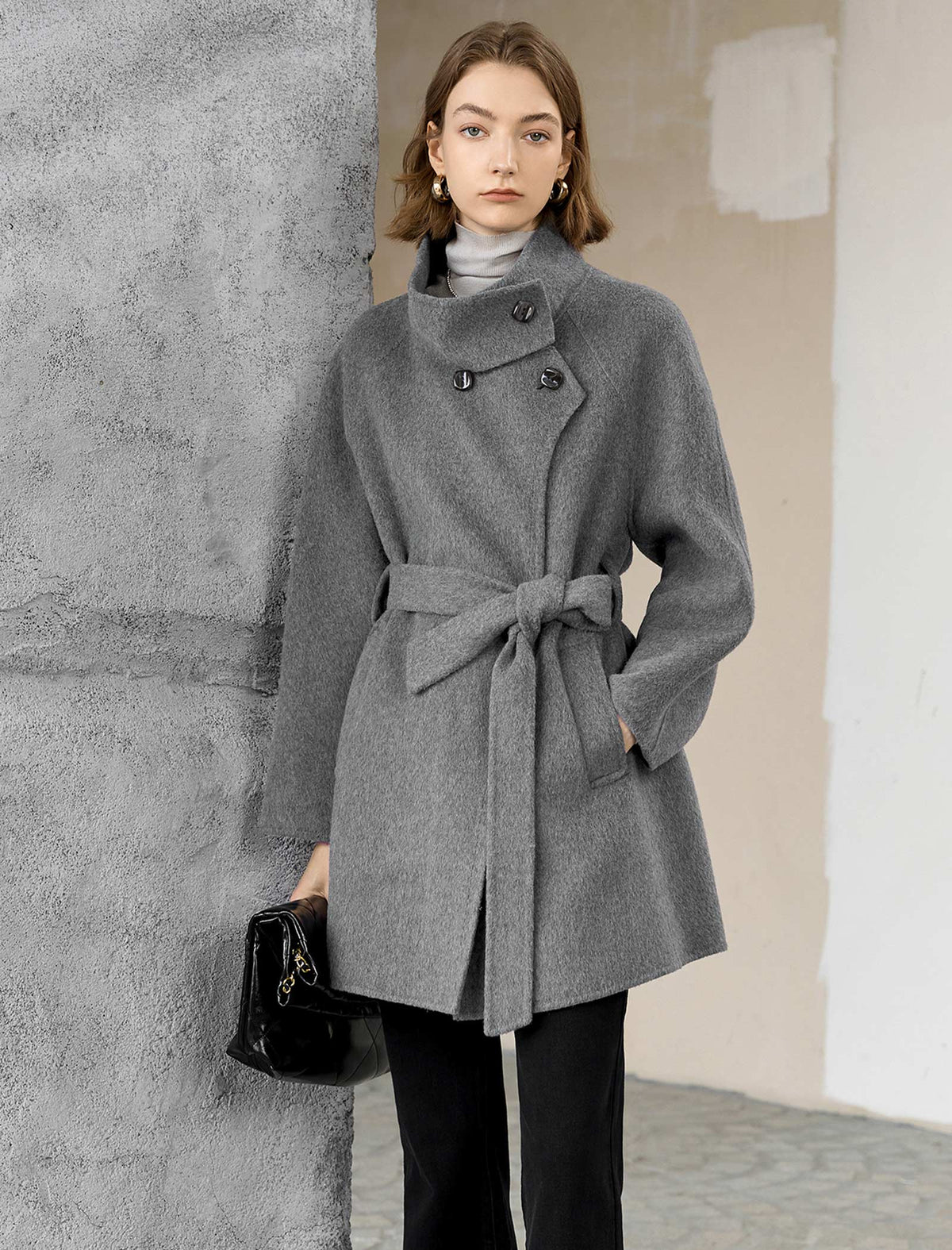 Wool-Blend Button Detail Self-Tie Coat