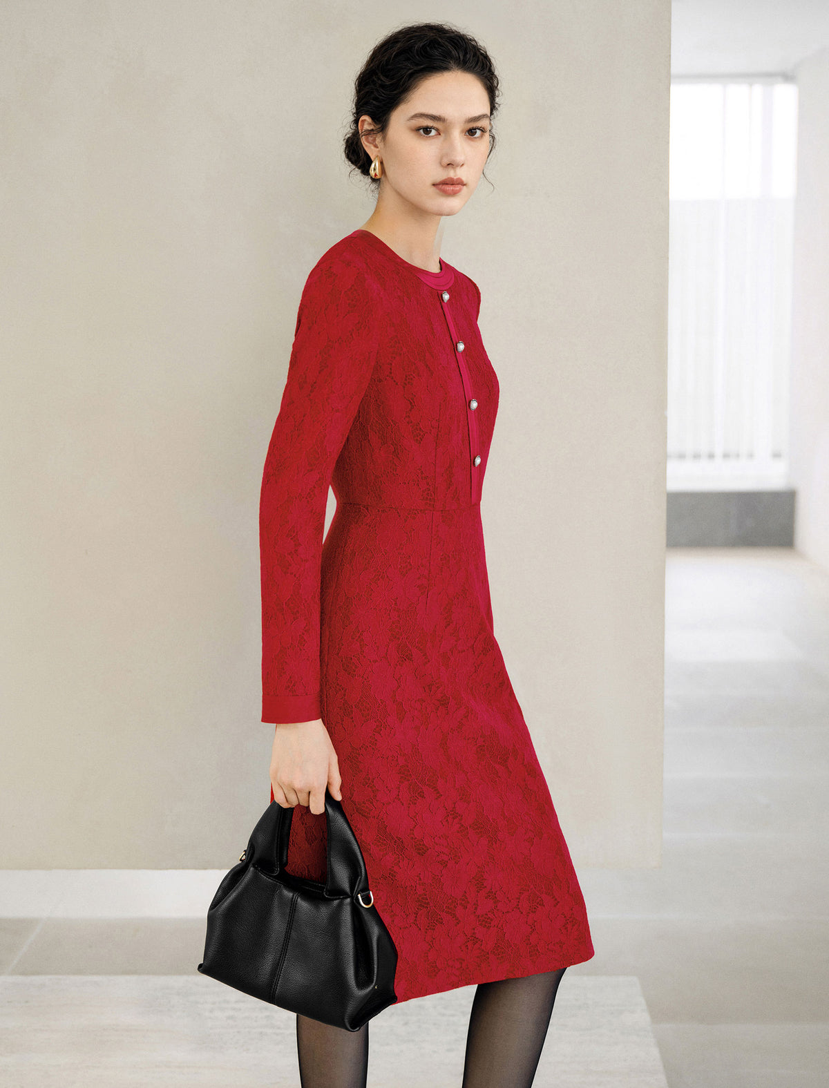 Lace Long Sleeve Fitted Straight-Fit Dress