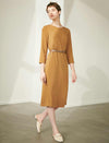 Acetate Warm Mustard 3/4 Sleeve Midi Dress
