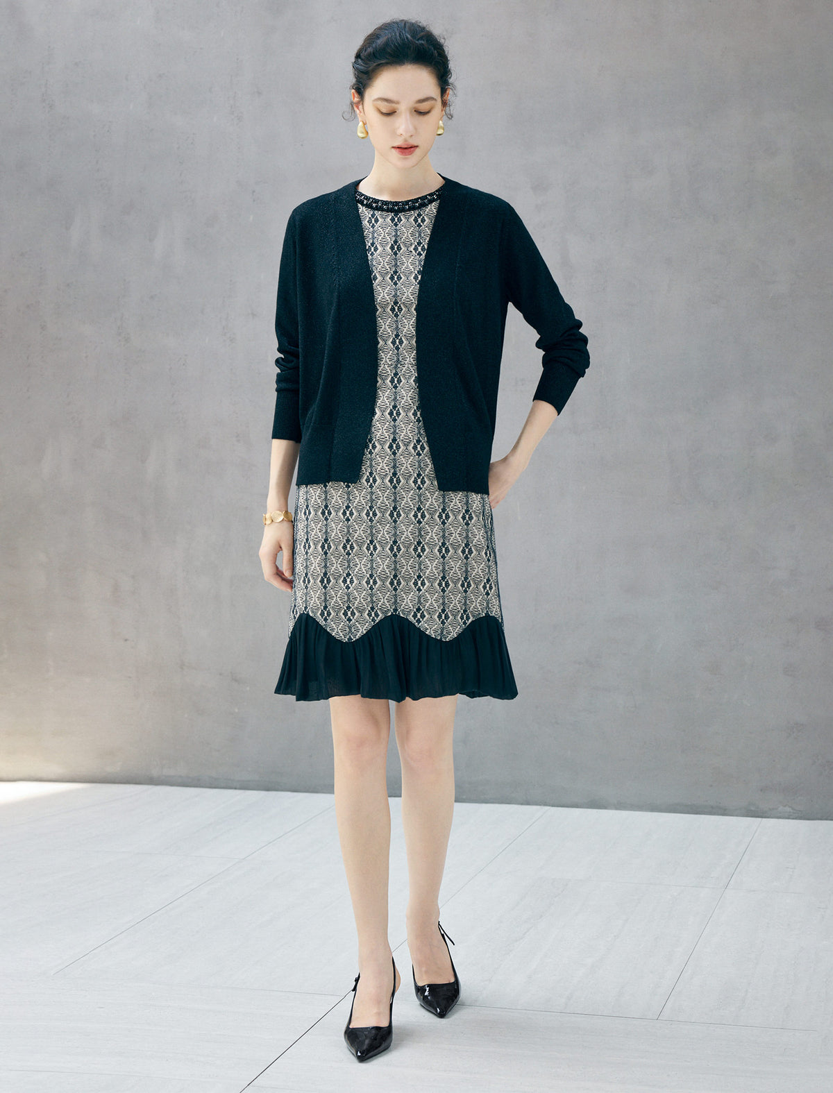 Beaded Crewneck Textured Sleeveless Flounce Hem Dress