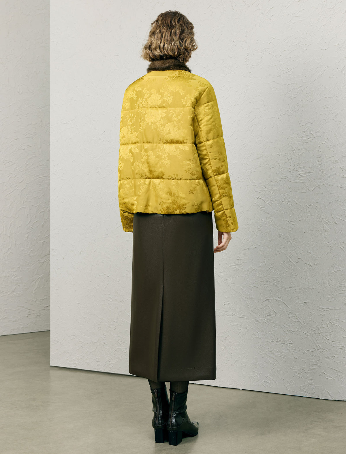 Jacquard Stand-Collar Frog-Button Quilted Cropped Coat
